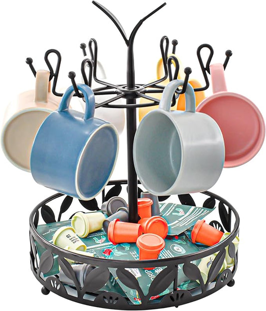VANRA Coffee Mug Holder Stand 6 Hooks Rotating Mug Rack Countertop with Coffee Pod Basket Storage for Kitchen Counter Organizer, Black Steel (360 Rotating)