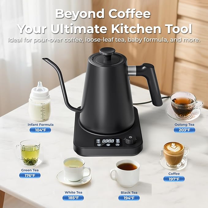 Gooseneck Electric Kettle, ±1°F Precision Control, Smart Altitude Adjustment, 24H Keep Warm, 30-Min Auto Memory, Food Grade Stainless Steel, Pour Over Kettle for Coffee and Tea, 1200W/1.0L