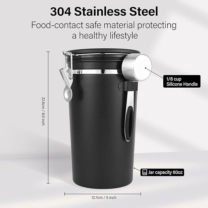 Coffee Canister Set of 3, Airtight Coffee Container with Date Tracker Lid, Stainless Steel Canister for Kitchen Food Storage (Black, 180oz)