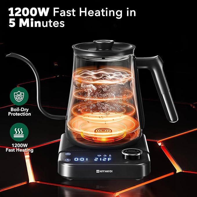 Electric Kettle, HIYAKOI Gooseneck Electric Kettle with Temperature Control, Pour Over Kettle for Coffee & Tea, 1200W Quick Heating Stainless Steel Hot Water Kettle Electric, Keep Warm, 0.8L