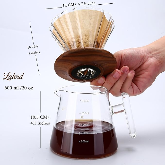 Pour Over Coffee Maker, 20 oz Borosilicate Glass Set with 100 pcs Paper Filter, Walnut Collar & Glass Lid, Drip Coffee Maker, 1-3 Cups, Clear, 600 ml, Petal Shape