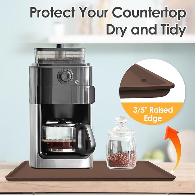 TOHONFOO Silicone Coffee Maker Mat with Lip, 19.7'' x 15'' Heavy Duty Coffee Maker Mat for Countertops, Coffee Tray Fit Under Coffee Machine Appliance Automatic Machines Espresso Accessory, Brown