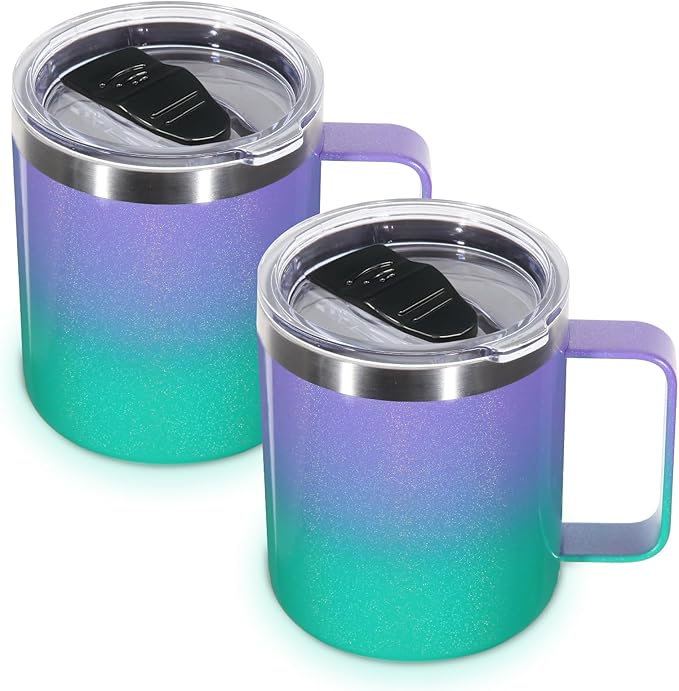 Volhoply 14oz Insulated Stainless Steel Coffee Mug with Lid Bulk 2 Pack,Double Wall Vacuum Travel Coffee Cup with Handle,Reusable Cups Tumbler,Camping Mugs Keep Hot,Ideal Gifts(Purple Green,2)