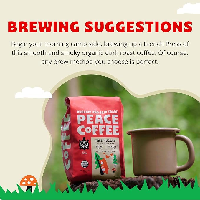 Peace Coffee Tree Hugger Signature Blend | 20 oz Ground Dark Roast | Organic Fair Trade | Soft, Smooth Flavor | Shade Grown, Fresh Roasted