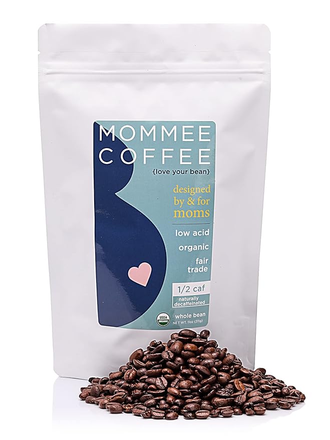 Mommee Coffee Half Caf Low Acid Whole Organic Coffee Beans - 100% Arabica Organic Half Caff Coffee Beans with Smooth Caramel Flavor - Natural Process - Medium Roast - 11 oz
