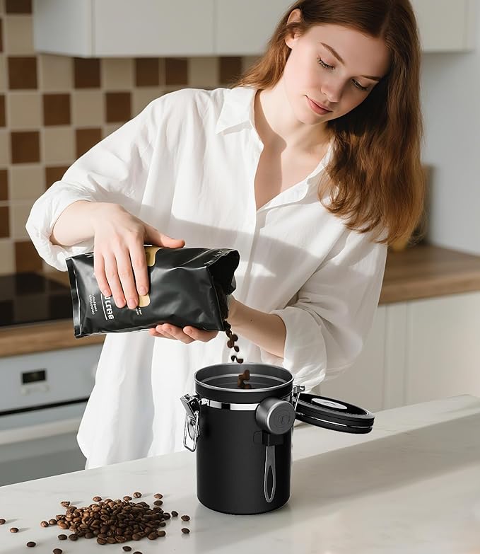 Coffee Gator Coffee Canister, 22oz Airtight Stainless Steel Kitchen Food Storage Container with Date Tracker, Valve, Scoop for Sugar, Grounds, Beans, Tea, Sugar, Cereal, Flour, Cookies Jars - Black