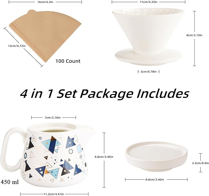 Pour Over Coffee Maker, Ceramic Coffee dripper with 100 pcs Size 02 Paper Filter, Ceramic coffee Server with Lid, 15.5oz/450 ml, Suitable for 1-2 people (White A)