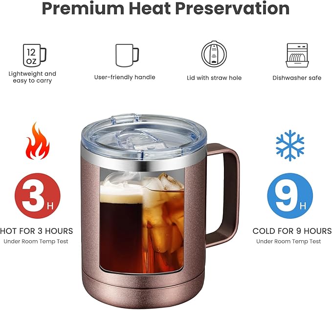 MEWAY 12oz Coffee Mug With Handle 8 Pack Bulk,Stainless Steel Insulated Travel Tumblers With Sliding Lid,Double Wall Vacuum Camping Cup for Hot & Cold Drinks Tea (Rose Gold,Set of 8)