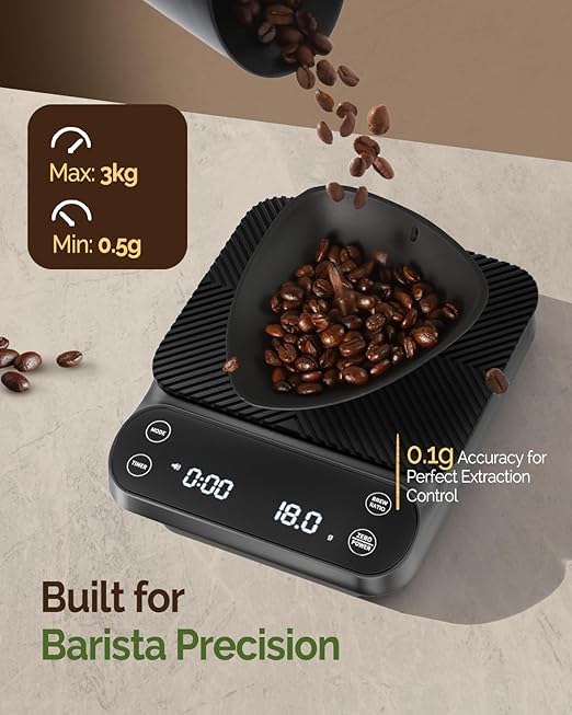 Maestri House S3 Coffee Scale with Timer, 3kg/0.1g Rechargeable Digital Scale, 3 Brew Modes, Adjustable Ratios & Flow Rate Display, Barista-Grade for Pour-Over, Espresso, French Press – Grey