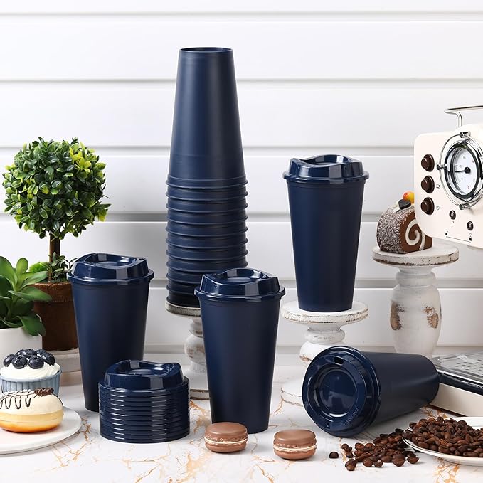 Domensi 15 Pack Reusable Coffee Cups with Lids 16 oz Disposable Travel Cups Bulk Plastic to Go Coffee Tumblers for DIY Hot Cold Drink Party Favors Coworker, Microwaveable (Dark Blue)