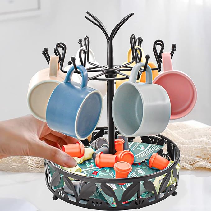 VANRA Coffee Mug Holder Stand 6 Hooks Rotating Mug Rack Countertop with Coffee Pod Basket Storage for Kitchen Counter Organizer, Black Steel (360 Rotating)