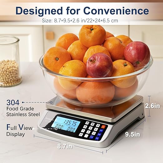 110lb Food Scale, Commercial Kitchen Scale with Price Computing, Plug-in Usable, 0.05oz/1g, 304 Stainless Steel, for Cooking, Vegetables, Farm, Industry, Counting. LC300 Silver