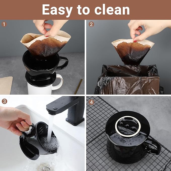 Segarty Pour Over Coffee Maker Set, Single Cup Black Ceramic Coffee Dripper with 200PCS Size #2 Cone Filter Paper, Slow Drip Pourover Brewer for Home Office Travel Camping