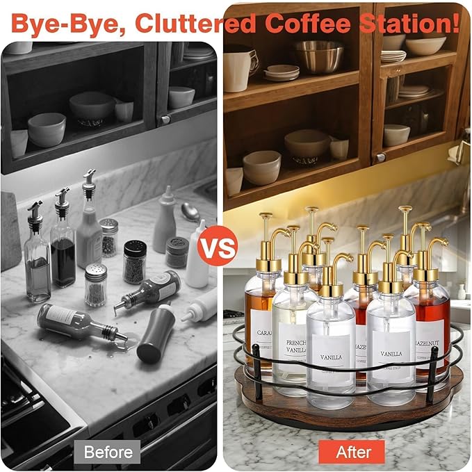 Rotating Coffee Syrup Rack Organizer 9 Bottles, Syrup Dispenser Holder for Coffee Bar Countertop Accessories, Turntable Tabletop Wine Display (Bottles Not Included)