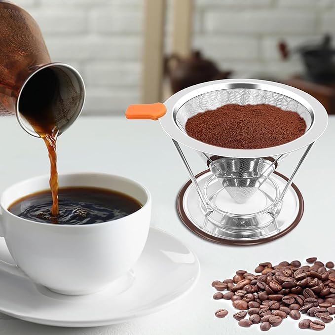 Pour Over Coffee Dripper, Paperless Pour Over Coffee Filter, Reusable Pour Over Coffee Maker Set, Dual-Layer Stainless Steel Cone Filter, Detachable Dripper Stand, Single Cup Brewer 1-4 Cup