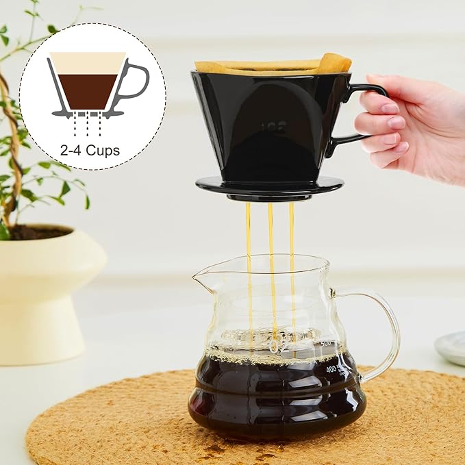 Pour Over Coffee Dripper, Ceramic Pour Over Coffee Maker with 3 Holes Flat Bottom, Easy Manual Slow Brewing, Porcelain Slow Filter Cone for Home, Office, Gift, Size 2, Black
