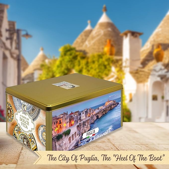 Pasticceria Matilde Vicenzi Puglia Cookie Gift Tin - Assorted Variety Of Bite Size Cream Filled Pastries & Gourmet Italian Shortbread Cookies In Individually Wrapped Trays - Baked Fresh In Italy, 720g