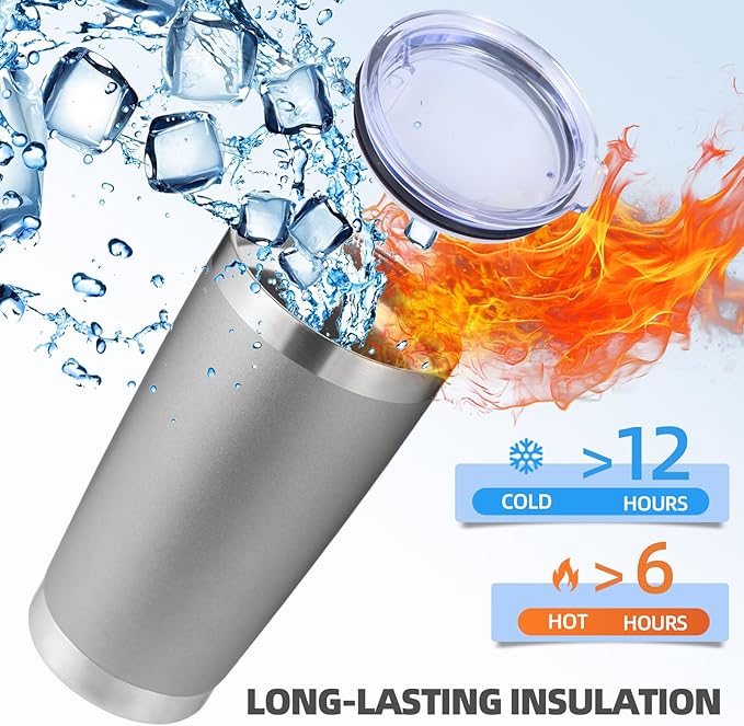 Volhoply 20oz Stainless Steel Tumbler with Lid and Straw Bulk 8 Pack,Double Wall Insulated Travel Iced Coffee Mug Fits Cup holder,Powder Coated Cups for Hot/Cold Drinks,Gifts for Women（Gray,8 Set）