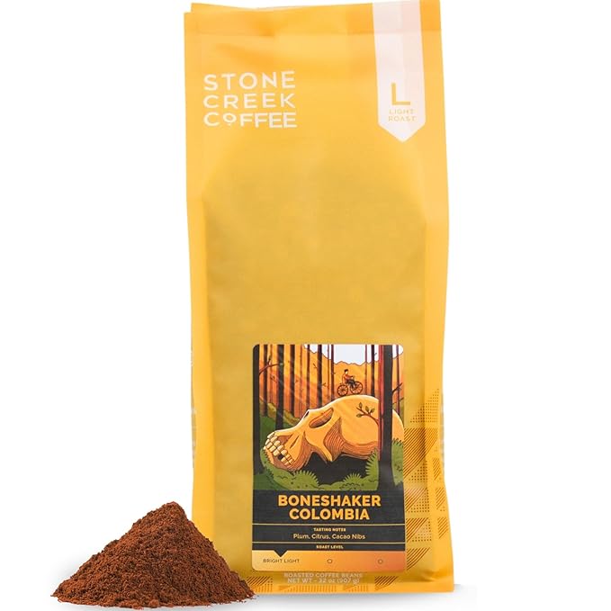 Stone Creek Coffee Light Roast Ground Coffee – 2 LB (Pack of 1) – Smooth Specialty Fresh Roasted Coffee Beans with Juicy and Citrus Tasting Notes, Boneshaker Colombia