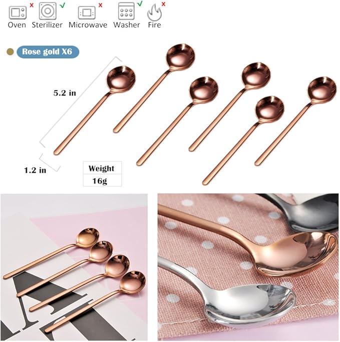6 PCS Coffee Spoons, 18/8 Stainless Steel Espresso Spoons, 5.2 Inches Vogue Mini Tea Spoon, Cappuccino Stirring Small Spoon for Dessert, Ice Cream, Frosted Handle, Sweejar(Rose gold)