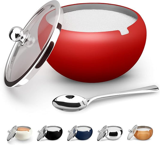 KooK Stainless Steel Sugar Bowl with Lid and Spoon, Serving Dish, Clear Glass Lid, Storage for Salt, Candy, Coffee, Holds 2 Cups, Dishwasher Safe, 16 oz Matte Rose