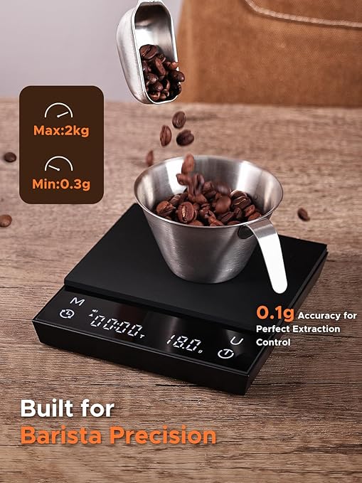 Metal Coffee Scale with Auto Timing, Rechargeable Espresso Scale with Timer, Ratios & Flow Rate Display, 3 Brew Modes, Barista-Grade for Pour-Over, Espresso, French Press – 2kg/0.1g, Black
