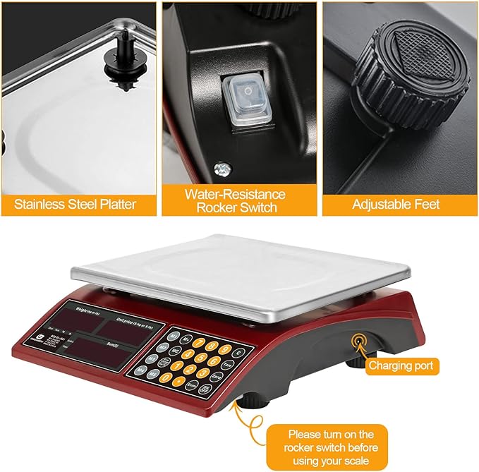 Price Computing Scale 66lb Digital Rechargeable Commercial Kitchen Weight for Produce Food Meat Fruit Vegetable with Dual Display, Give Change Function, 5 Direct Plus Included, Not for Trade