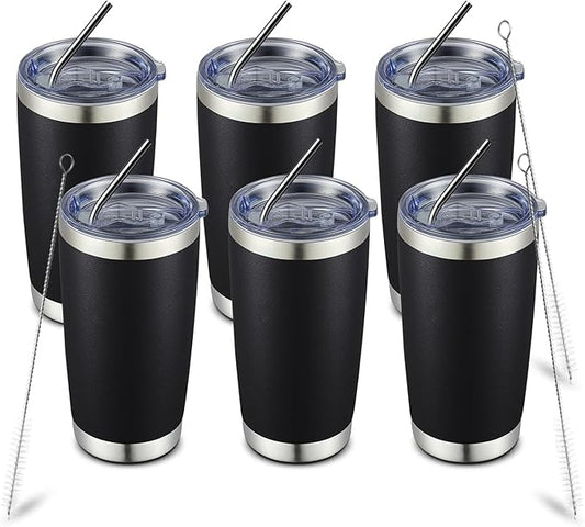 COMOOO 20oz Black Tumbler Double Wall Vacuum Insulated Coffee Travel Mug Stainless Steel Tumbler with Lid and Straw Coffee Cup for Cold Drinks & Hot Beverage, Home and Outdoor (Black, 6 Pack)