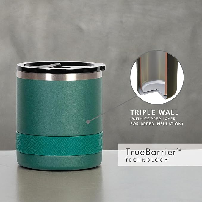 Elemental Recess Lowball Tumbler, 10oz Triple Wall Stainless Steel Cup with Non-Shattered Tritan Lid, Insulated Whiskey Glass, Insulated Coffee Tumbler Mug for Hot & Cold Drinks - Forest Green