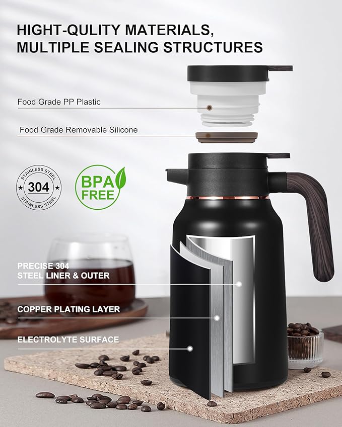 Carafes for Hot Liquids 51 oz - 12 Hour Stainless Steel Thermal Coffee Carafe-Insulated Coffee Carafes For Keeping Hot/Cold Coffee, Tea, Water, 1.5 Liter Beverage Dispenser(2 Black)