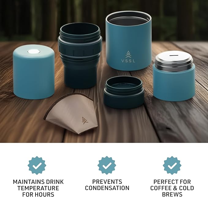 VSSL - Nest Pour Over Coffee Kit | Coffee Maker for Camping | All-In-One Travel Pour Over | Transportable Dripper, Two 10oz Stainless Steel Travel Mugs | Compact Storage & Adventure Ready | Everglade