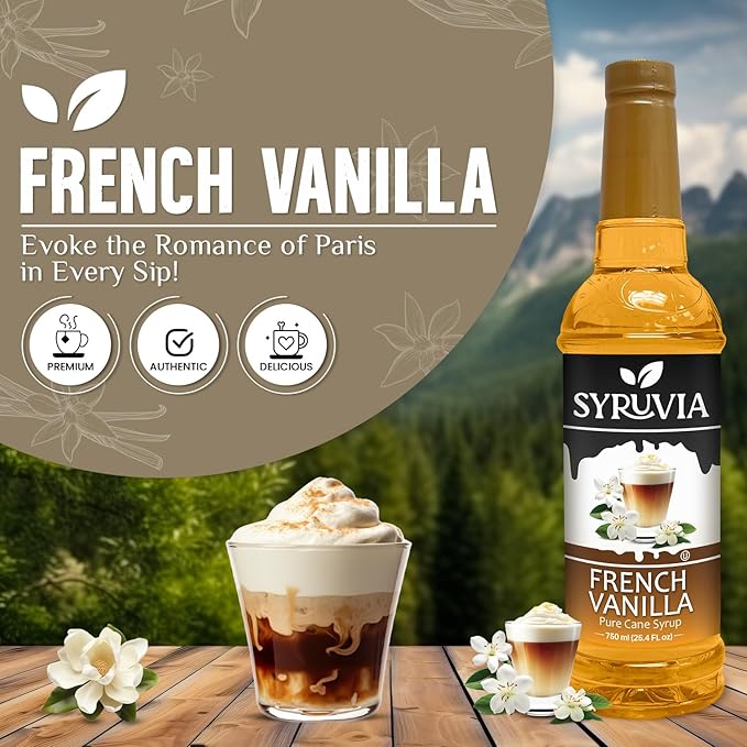 Syruvia Coffee Syrup, French Vanilla Flavored Syrup for Drinks, Lattes, and Desserts – 25.4 fl oz, With Pump