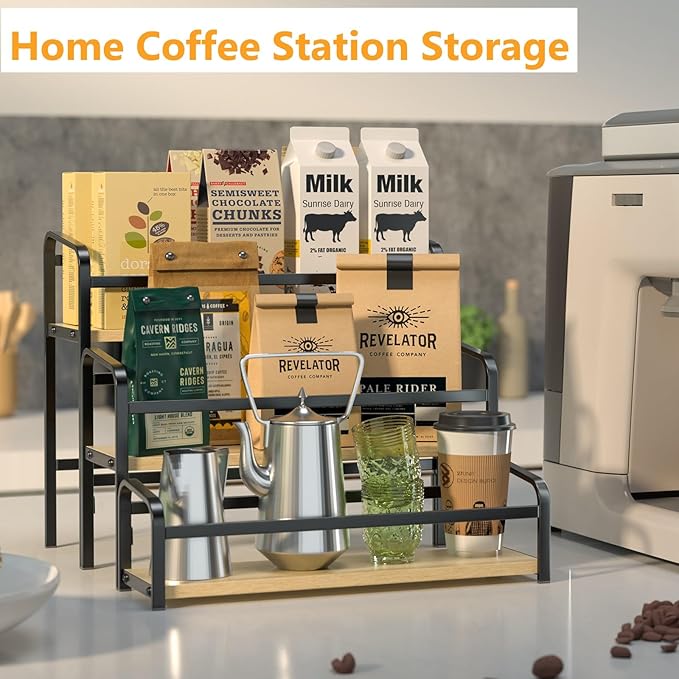 Coffee Syrup Organizer Free-Installation: 12 Bottles Capacity Syrup Rack 3 Tier for Coffee Bar Station, Wine Rack for Countertop, Tiered Spice Rack Organizer for Cabinet, Bottle Display Shelf