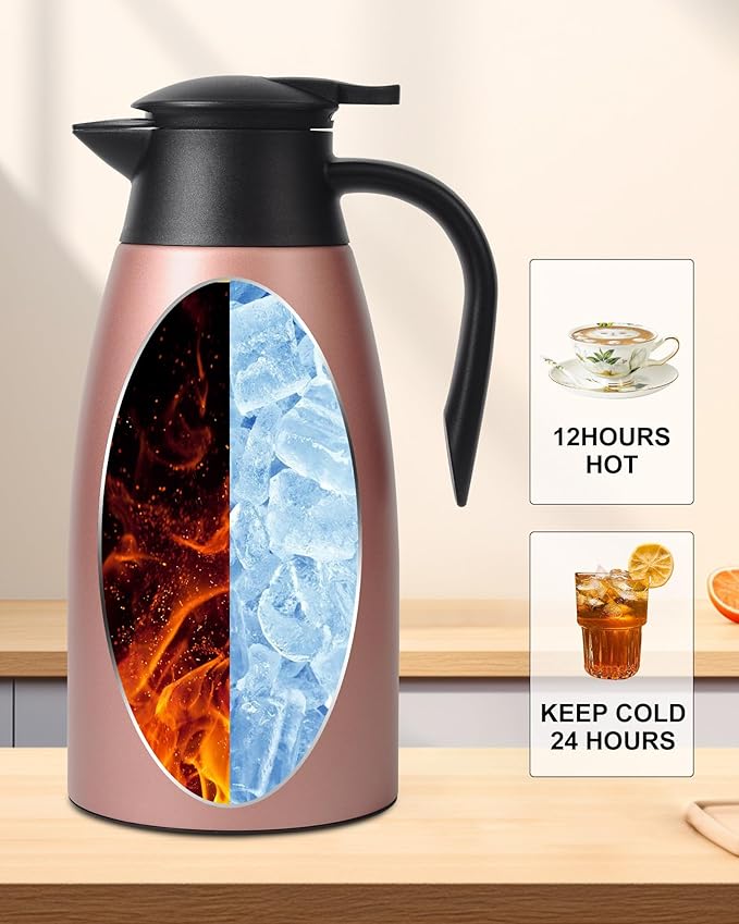 70 oz Thermal Coffee Carafe for keeping hot, Updated Carafe for hot liquid, Airpot Insulated Stainless Steel Vacuum Thermal Pot for Coffee, Hot Water,Keep Hot 12 Hours (pink+pink)