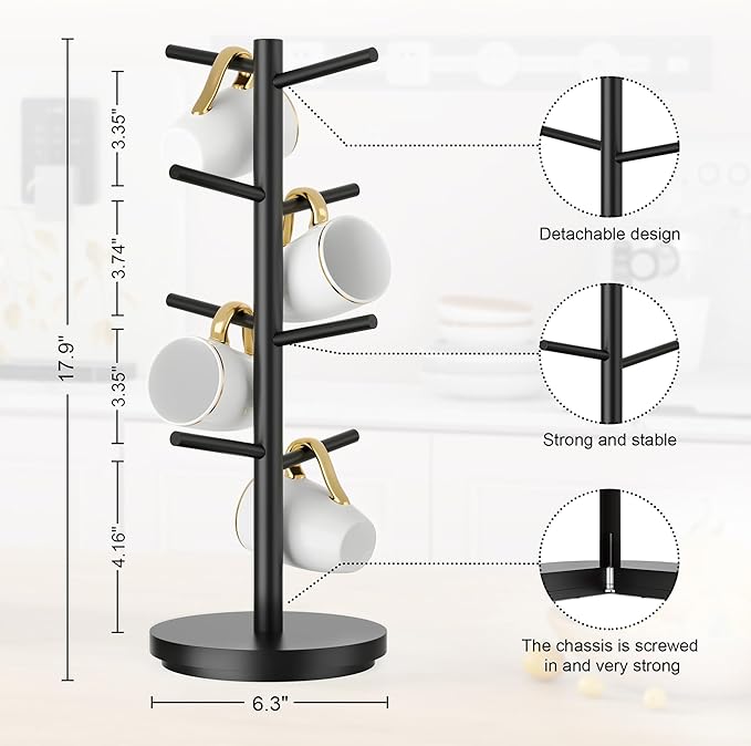 Wisuce Coffee Mug Holder Tree Upgraded 360Rotated Cup Holder for Counter Black Wood Cup Tree Mug Rack Organizer Stand with 8 Hooks for Kitchen Coffee Bar Accessories
