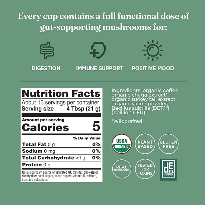 Four Sigmatic Gut Health Organic Ground Coffee | Medium Roast, Immune Boosting Probiotic Mushroom Coffee with Chaga & Turkey Tail for Gut Health & Immune Support | 12oz Bag