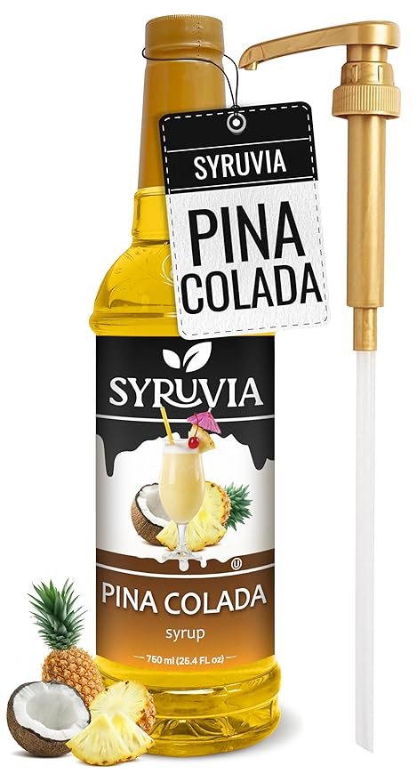 Syruvia Pina Colada Syrup, Flavored Syrup for Cocktails, Drinks, Lemonades, Iced Teas, and Desserts – 25.4 fl oz, With Pump