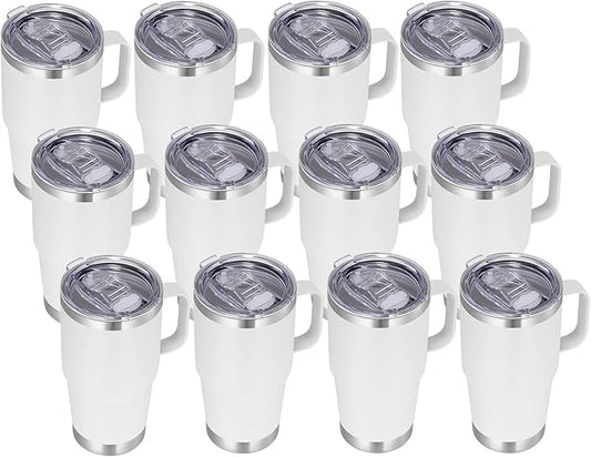 VEGOND 20 oz Tumbler Bulk with Handle Lid and Straw, Stainless Steel Insulated Travel Coffee Mug Set, Spill Proof Double Wall Metal Tumblers Cups, New White 12 Pack
