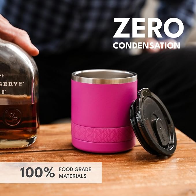 Elemental Recess Lowball Tumbler, 10oz Triple Wall Stainless Steel Cup with Non-Shattered Tritan Lid, Insulated Whiskey Glass, Insulated Coffee Tumbler Mug for Hot & Cold Drinks - Hot Pink