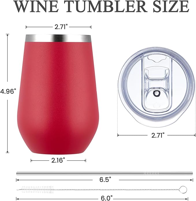 MEWAY 12oz Stainless Steel Wine Tumbler with Lid and Straw - Double Wall Vacuum Stainless Steel Coffee Mug, Gift for Woman Under 10 dollars(Red,1)