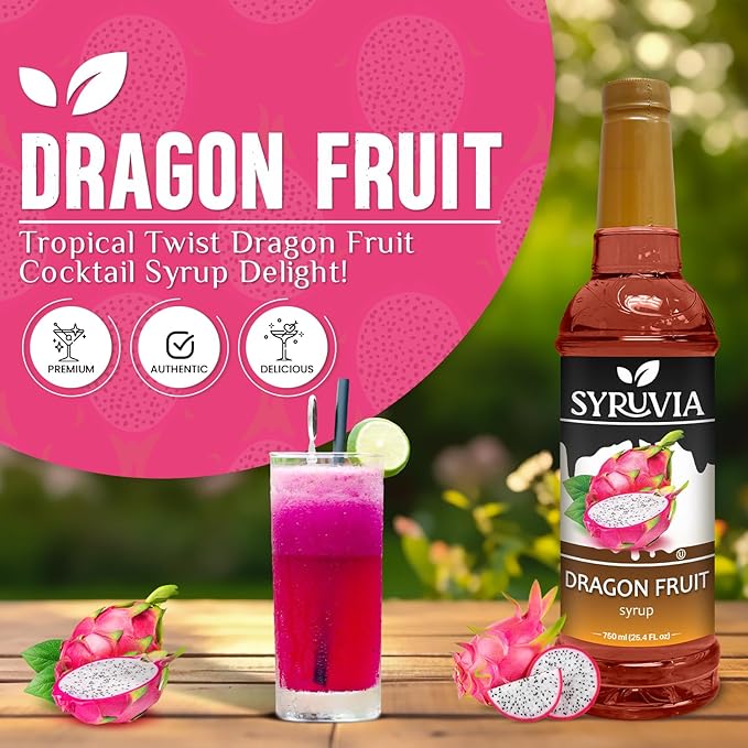 Syruvia Dragon Fruit Syrup, Flavored Syrup for Drinks, Cocktails, Lemonades, Iced Teas, and Desserts – 25.4 fl oz, With Pump