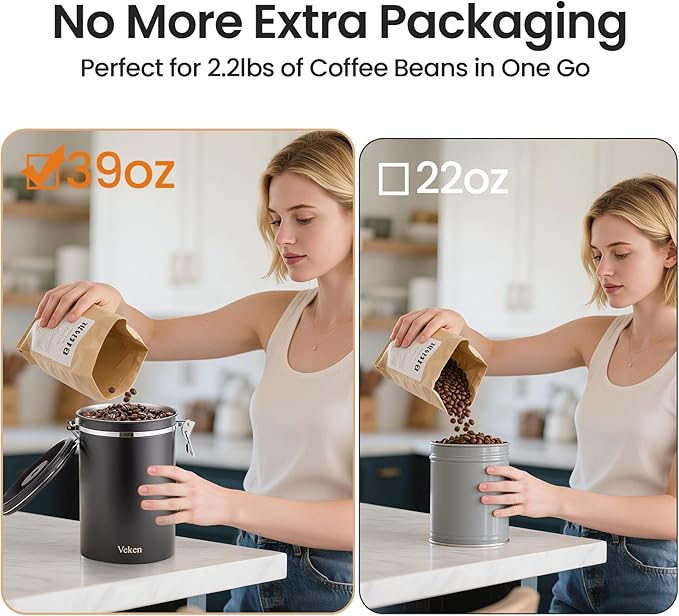 Veken Coffee Canister, 39OZ Large, Airtight Stainless Steel Food Storage Container for 2.2lbs Coffee Beans, Ground, Sugar, Tea, Flour, Cereal, Kitchen Bar Accessories with Date Tracker & Scoop, Black