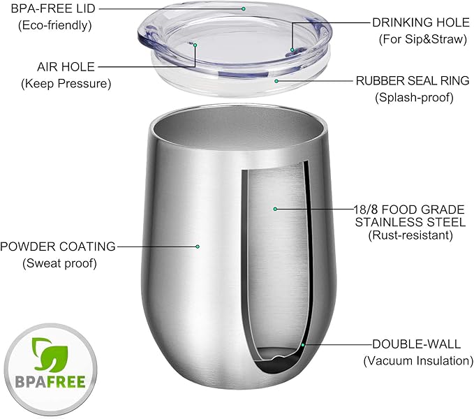 VEGOND Wine Tumblers Bulk 12 Pack, 12oz Stainless Steel Stemless Wine Glass with Lids and Straws, Double Wall Vacuum Insulated Tumbler Cup, Coffee Mug for Cold Hot Drinks