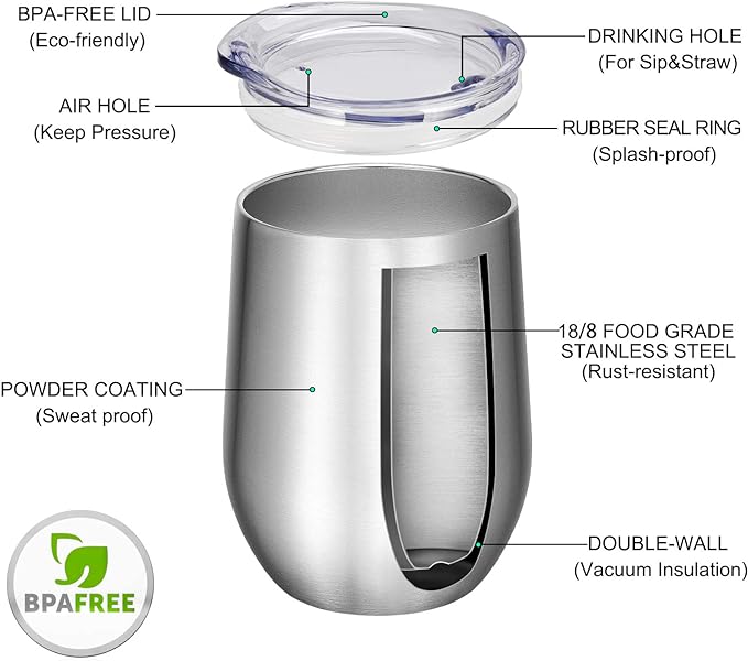 VEGOND Wine Tumblers Bulk 6 Pack, 12oz Stainless Steel Stemless Wine Glass with Lids and Straws, Double Wall Vacuum Insulated Tumbler Cup, Coffee Mug for Cold Hot Drinks