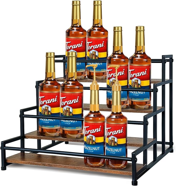 Klxuyuo 4-Tier Coffee Syrup Rack for 20 Bottles (750ml)–Sturdy Coffee Syrup Organizer Holder for Kitchen, Café, Office