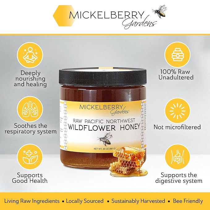 Raw Wildflower Honey - Pure, Unadulterated, Clean, Grade A Strained Honey from the Pacific Northwest (20 ounces)