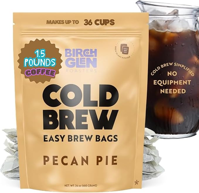 Birch Glen Roasters Cold Brew Coffee Bags - 12 Pack of Coarse Ground Coffee Filter Pitcher Packs for Easy Brewing - 100% Arabica - Yields 6 Pitchers - Pecan Pie Flavor