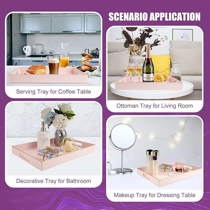 Gifturbo Pink Large Serving Tray with Handles，Rectangular Plastic Elegant Decorative Coffee Table Tray for Ottoman, Living Room, Bathroom, Home Decor, Vanity Trays with Gold Trimming, 15.7” x 11.8”