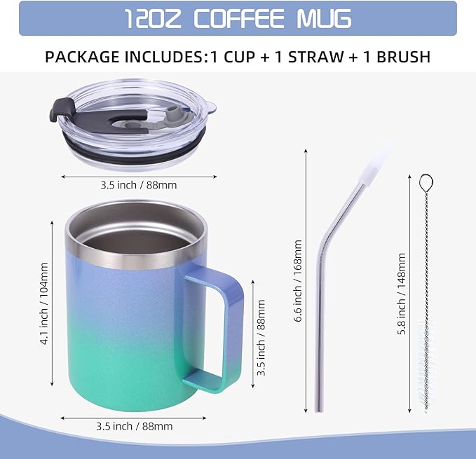 Volhoply 12oz Insulated Leakproof Coffee Mug with Flip & Straw Lid Bulk 2 Pack,Double Wall Vacuum Stainless Steel Travel Tumbler Cup with Handle,Camping Mugs Keep Cold/Hot(Purple Green,2 Set)