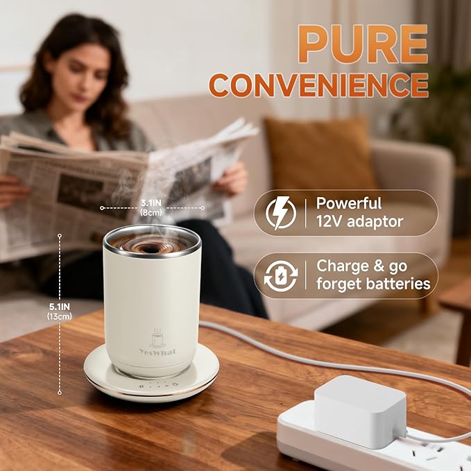 Automatic Self Stirring Coffee Mug with Temperature Control,Type-C Magnetic Mixing Cup,3 Heat Levels,8-Hour Shut-Off,USB Rechargeable Stainless Steel Smart Mug for Tea Milk Protein Shakes White 11oz